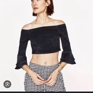 NWT Zara Denim Bell Sleeve Off the Shoulder Top Size XS!